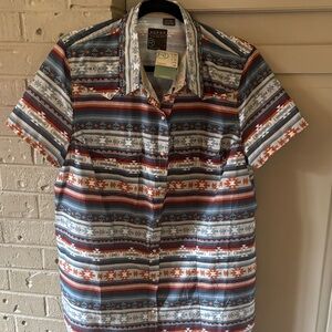 Roper Women’s Short Sleeve Aztec Stripe Shirt - Blue, burgundy